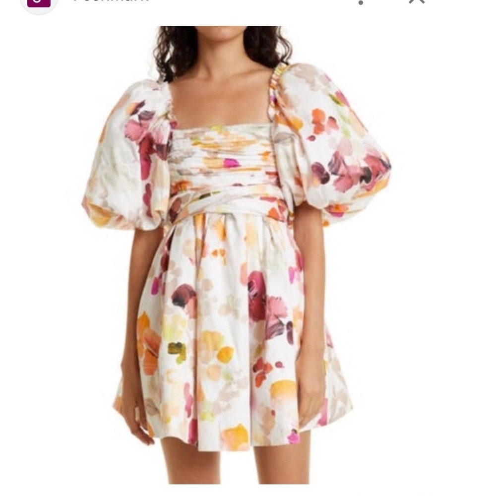 Aje Dassia Puff Sleeve Cotton Minidress Desert Rose Floral Open Back Size 8